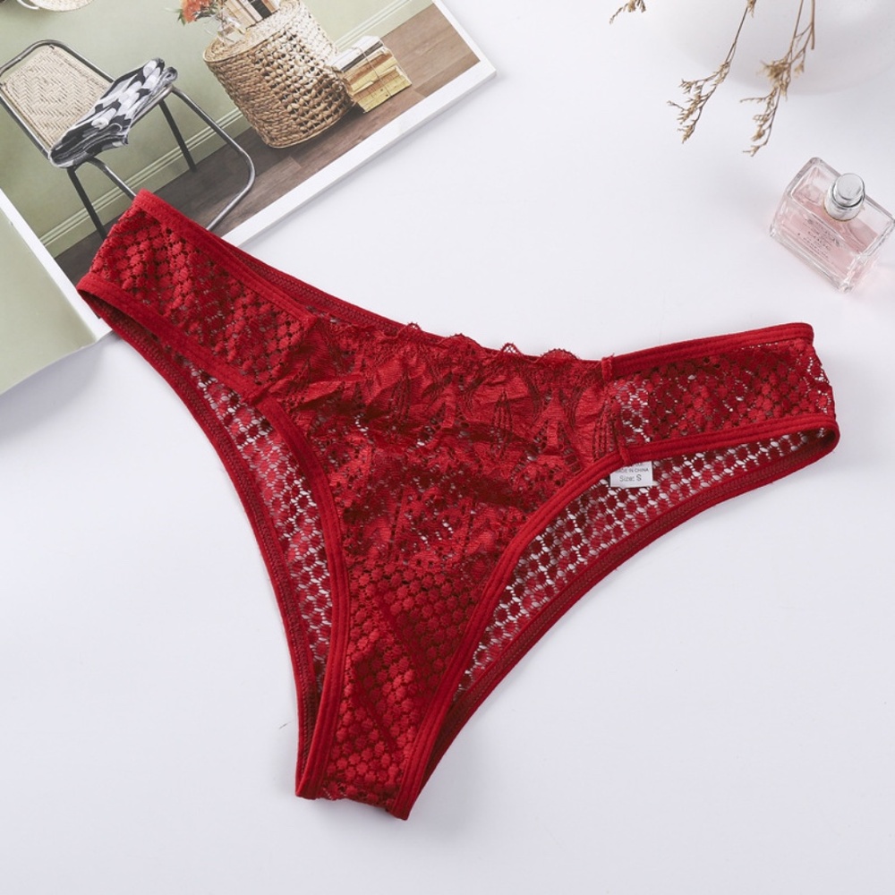 3/$18 Sexy Red Floral Lace Bikini Panties Underwear Semi sheer Low Waist Mesh
